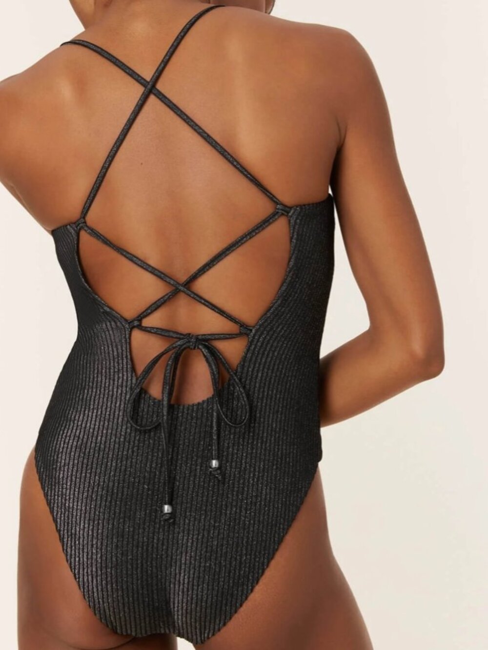 Andie The Fiji One Piece Swimsuit Black Metallic Ribbed M Lace Up Back Shimmer